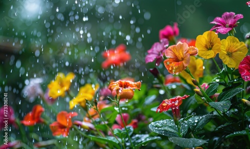 Raindrops falling on colorful spring flowers in a garden
