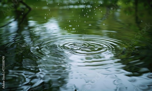 Raindrops falling on the surface of a serene lake  ripples on water surface