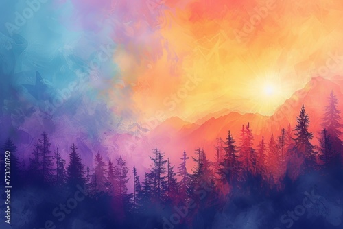  pine trees in foreground, colorful sky in background