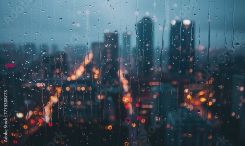 Raindrops streaking down a windowpane with a blurred cityscape in the background photo