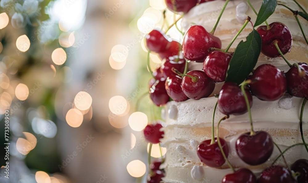 Ripe cherries adorning a wedding cake, closeup view, bokeh lights on background