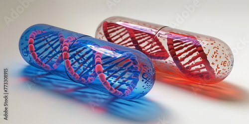 A blue and red pill with DNA inside, gen dna repair , healthy concept