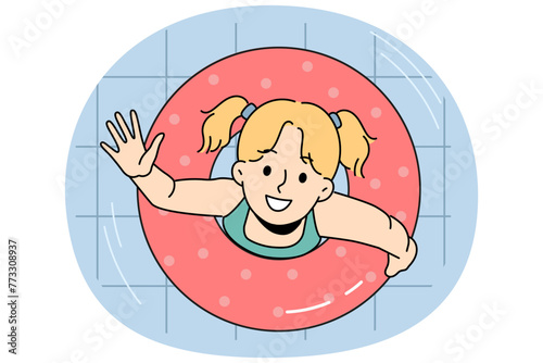 Cute little girl swimming in pool in round floating lifebuoy. Happy child have fun swim in life preserver enjoy summer holidays. Vector illustration.
