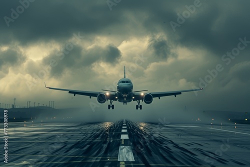   A large jetliner flies above a runway, shrouded in a cloudy sky, as lights gleam at its end on a cloudy day photo