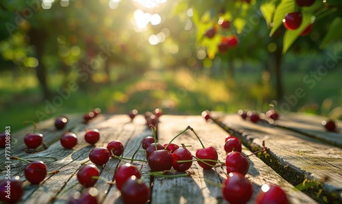 Ripe cherries scattered on a wooden picnic table in the dappled sunlight of a cherry orchard photo