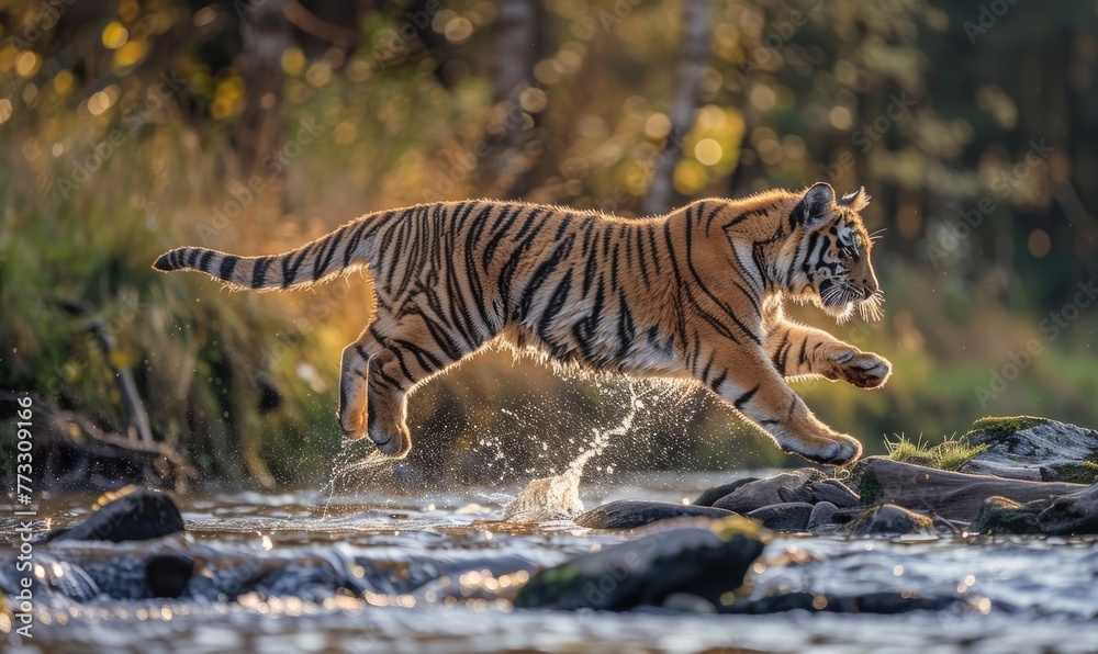 Fototapeta premium Siberian tiger in the forest river