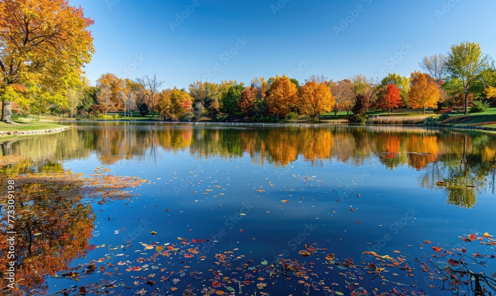 The lake adorned with colorful autumn foliage