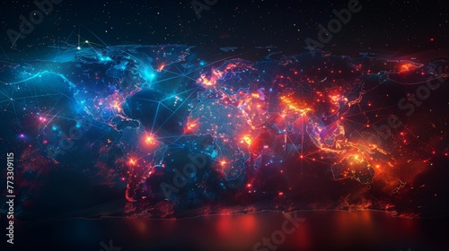 A digital composite of a world map connected by glowing lines, portraying the idea of a networked, globalized planet