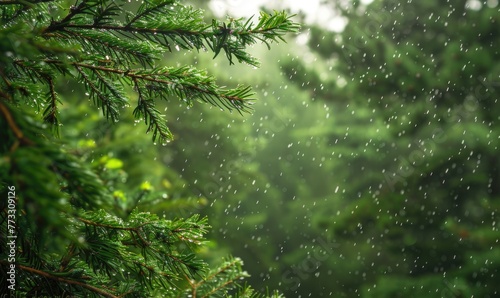 Closeup view on cedar branch in rain drops, bokeh background photo