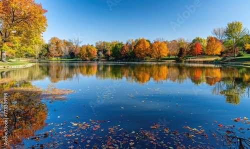 The lake adorned with colorful autumn foliage