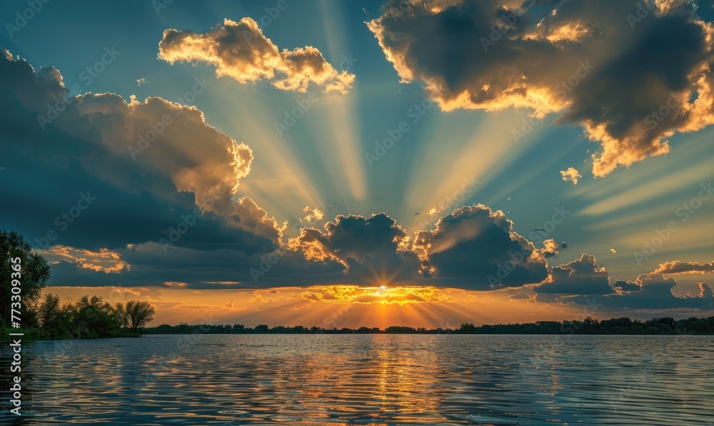 The sun peeking through a fluffy cumulus clouds, clouds reflected in water surface, sunset on the lake