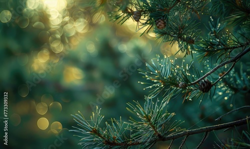 Closeup view on cedar branch in rain drops  bokeh background