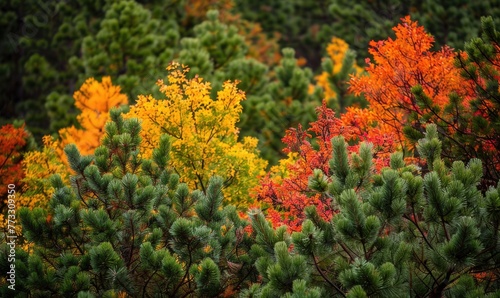 The vibrant colors of autumn foliage contrasting with the deep green of pine trees in a forest, autumn forest background © TheoTheWizard