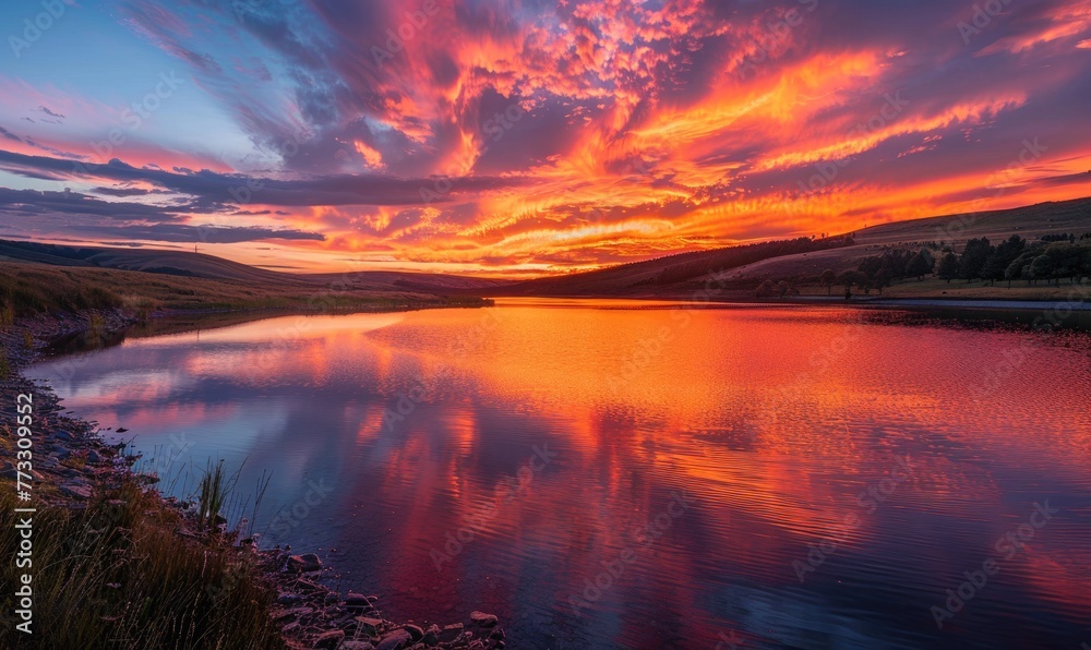 A bright red sunset over a tranquil lake