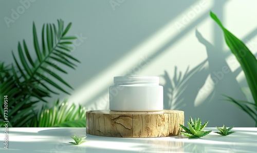 A blank jar mockup of aloe vera gel product placed atop a wooden produce podium