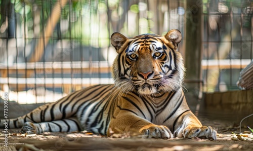 A captive Indochinese tiger lounging in its enclosure at a wildlife sanctuary