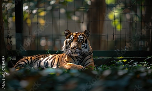 A captive Indochinese tiger lounging in its enclosure at a wildlife sanctuary