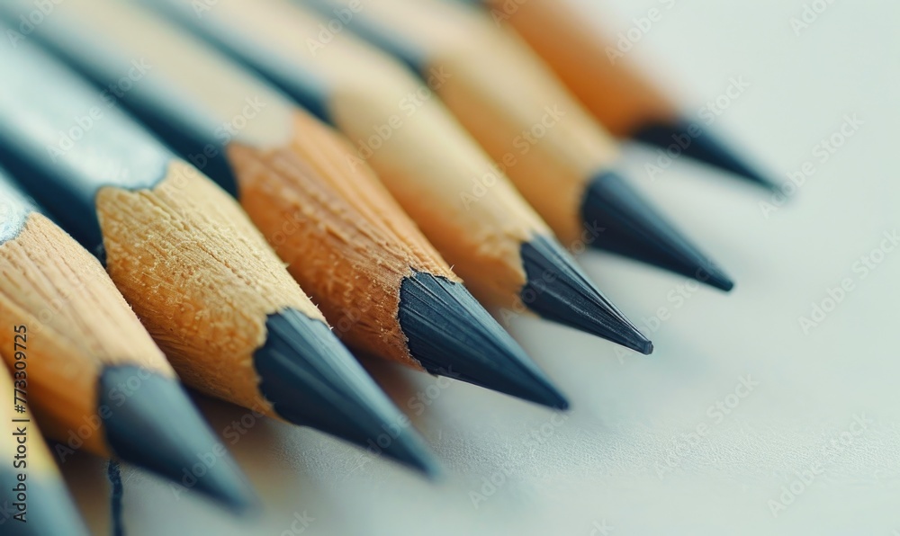 A close-up of graphite pencils neatly arranged on a pristine white drafting table A close-up of graphite pencils neatly arranged on a pristine white drafting table