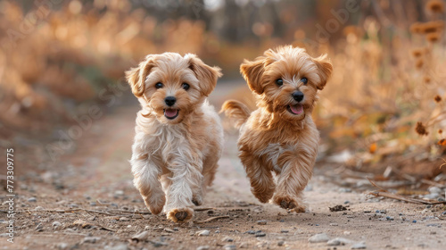 Two little dogs having fun playing outside