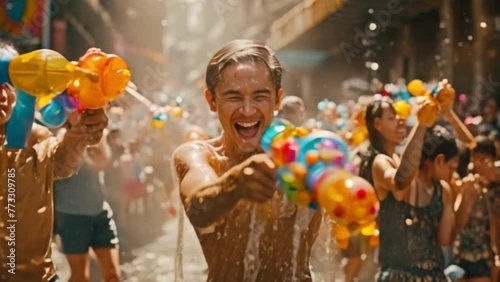 A group of tourists and foreign friends play in the water in Thailand on Songkran Celebrate Songkran Festival holding a colorful water gun.	
 photo