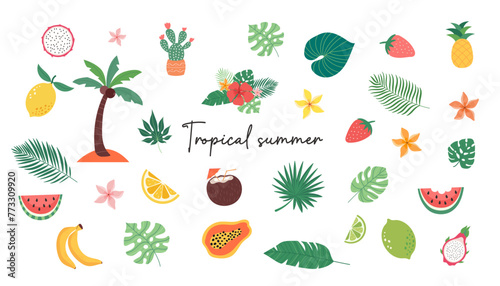Banner of the summer sale. Creative bright  blue  pink background with tropical leaves  fruits and hibiscus flowers. Summer sale  poster template  background banner on the Internet