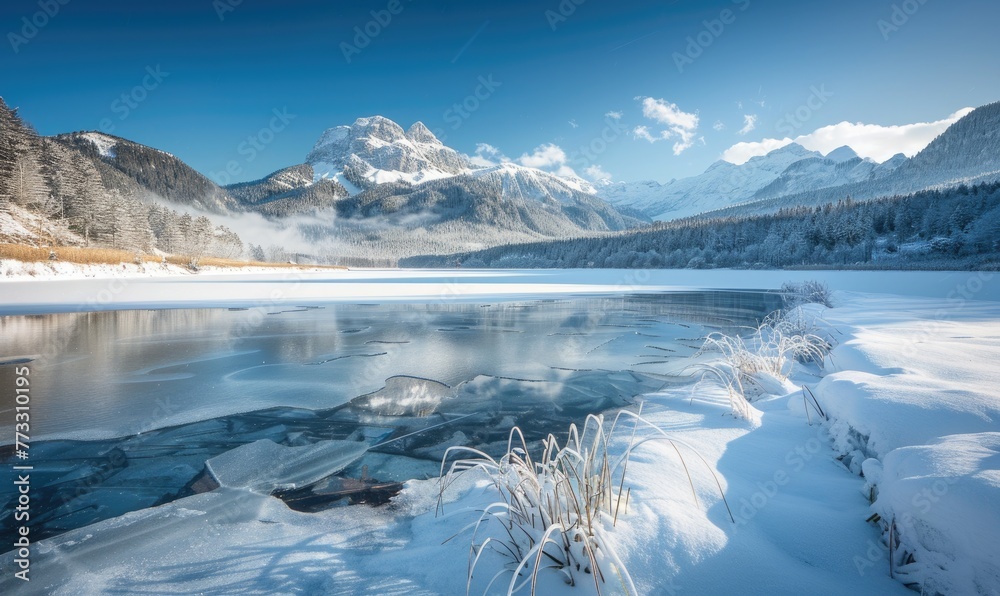 A frozen lake in the depths of winter, surrounded by snow-capped mountains A frozen lake in the depths of winter, surrounded by snow-capped mountains