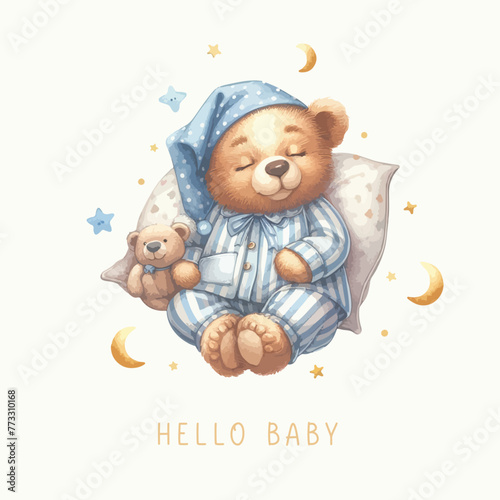 Cute baby shower watercolor invitation card with sleeping bear on moon and cloud.
