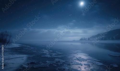 A frozen lake bathed in the soft glow of the moonlight