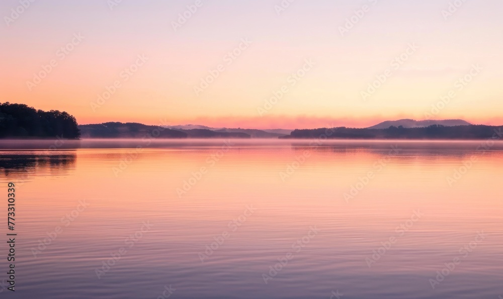 Bright sunrise over the lake, clouds reflected in water surface
