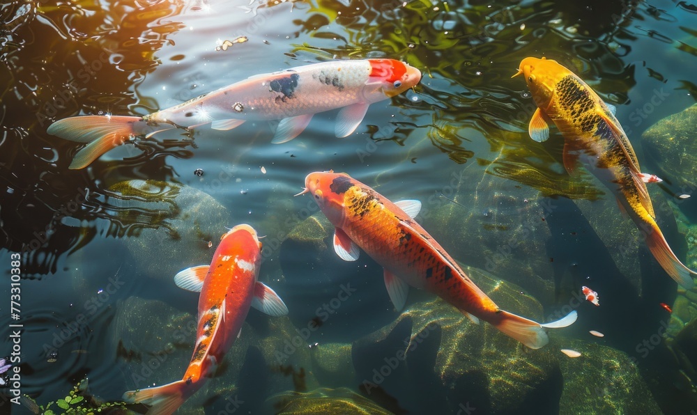 A group of colorful koi fish swimming in a tranquil pond