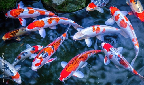 A group of colorful koi fish swimming in a tranquil pond