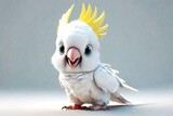 Adorable 3d rendered cute happy smiling and joyful baby Sulphur crested cockatoo cartoon character on white backdrop