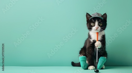Tuxedo Cat Golfer with Argyle Socks Holds Miniature Club Against Mint Green Backdrop in Surreal Studio Shot