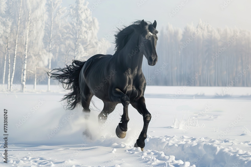 A black horse is running through the snow A black horse is running through the snow