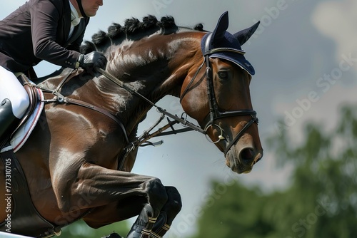 A horse is jumping over a fence with a rider on top photo