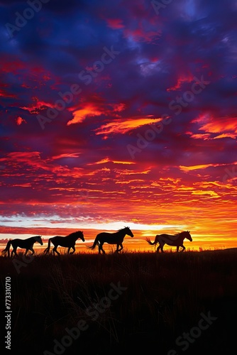 A group of horses running across a field at sunset
