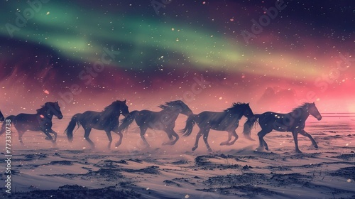A group of horses running in the snow