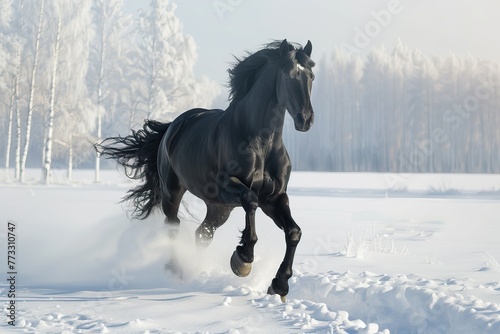 A black horse is running through the snow © BetterPhoto