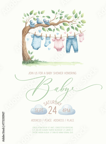 Cute baby shower watercolor invitation card for baby and kids new born celebration. Its a girl, Its a boy card with tree branch with childrens clothes on a hanger.