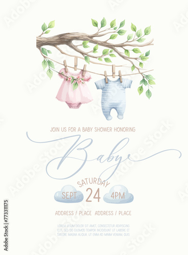Cute baby shower watercolor invitation card for baby and kids new born celebration. Its a girl, Its a boy card with tree branch with childrens clothes on a hanger.