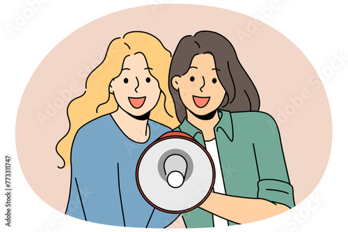 Smiling women with megaphone in hands announce good deal or offer. Happy girls scream in loudspeaker tell about sale or promotion. Vector illustration.