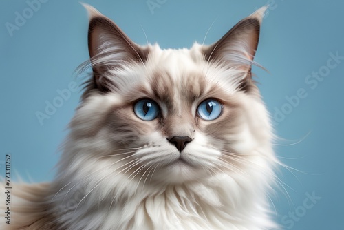 A beautiful young purebred Ragdoll kitten sits on an blue background.