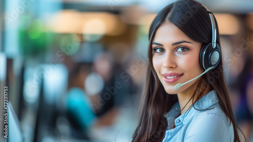 Woman with a headset, Friendly Customer Service Representative Smiling, Help Desk Operator, Call Center employee