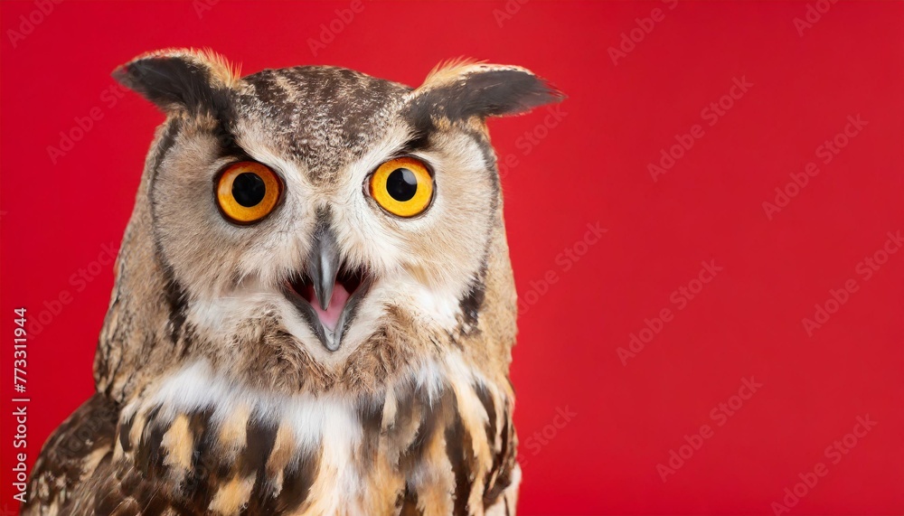 Fototapeta premium owl, isolated on red background with copy space