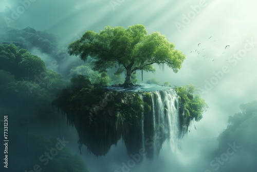 Mystical Floating Island with Ancient Tree, Heavenly Nature Retreat: Suspended Island Paradise, Fantasy Nature © Arc-Desing