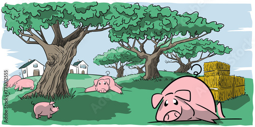 Pig, her little pig resting in the field of a pasture whith a herd of pigs in the town under the trees on a clear summer day, very happy with animal welfare