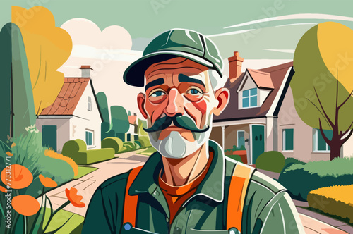 Man With Moustache Standing in Front of House vector illustration