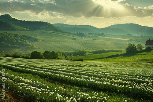 A picturesque countryside landscape where fields of garlic stretch to the horizon, their vibrant green hues illuminated by the morning sun.