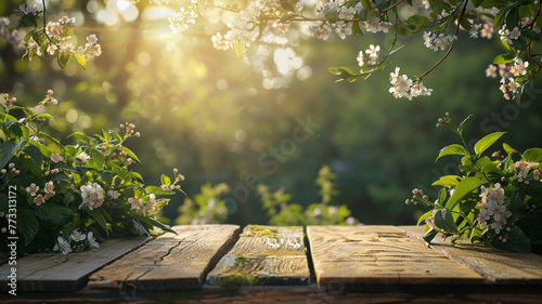 Spring summer beautiful natural background with green foliage in sunlight and empty wooden table outdoors.. Beautiful simple AI generated image in 4K, unique.