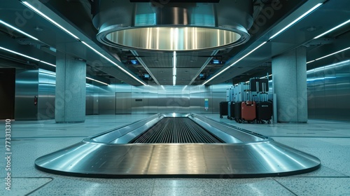 A baggage carousel with suitcases arriving for passengers to collect.  photo